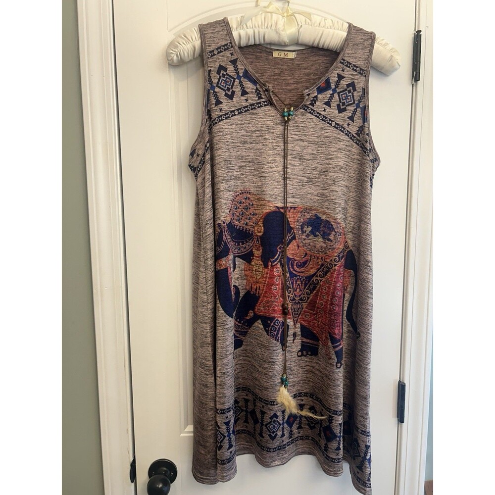 GM Women’s L/XL Boho Elephant Print Sleeveless Tunic Dress Feather Tie Brown Top - Picture 16 of 16